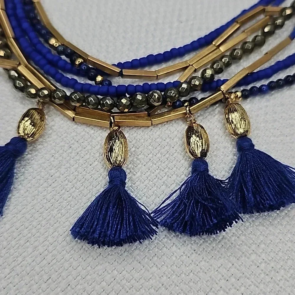 Retired Vintage Stella & Dot Tulum Tassel Necklace Gold Blue Beaded Versatile - Picture 14 of 16